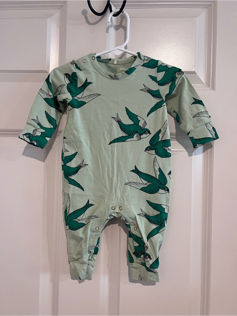 Baby One-Piece Romper in Mint with Green Bird Print